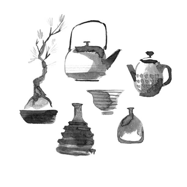Sumi-e traditional tea instruments display